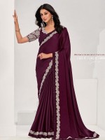 Plum Crepe Satin Silk Saree